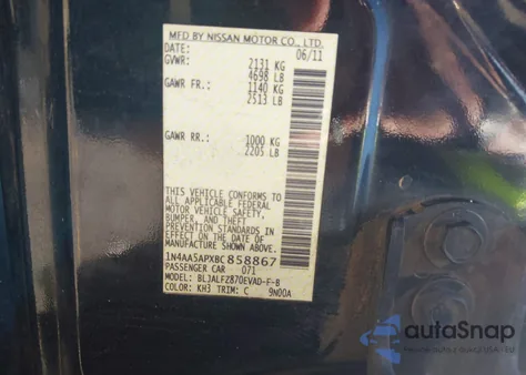 2011 Nissan Maxima 3.5 Sv from USA, damaged, VIN 1N4AA5APXBC858867